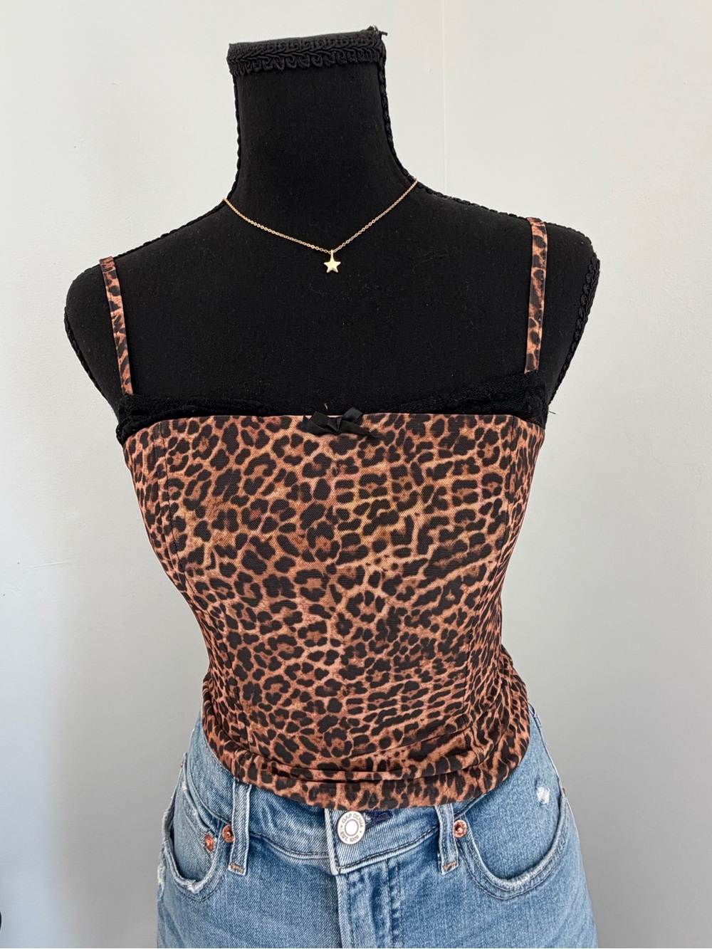 Edikted Leopard Print Corset Cami Top XS Lace Trim Y2K Indie Sleaze